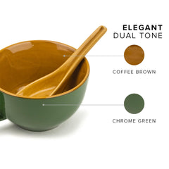 Ceramic Soup Bowl Set With Spoon Set Of 2 - Chrome Green, 350ml Each | Soup Mug - Soup Cup | 2 Soup Bowls + 2 Soup Spoons | Glossy Finish Ceramic Soup Bowls - Microwave Safe Soup Cup Set