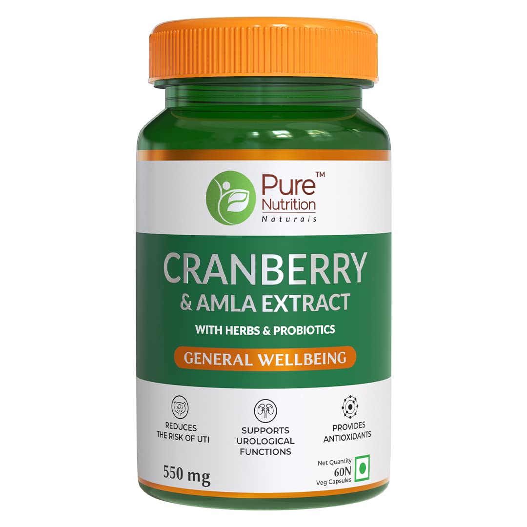 Pure Nutrition Cranberry & Amla Extract With 3bn Cfu Probiotics, Uti Health Supplement For Unisex, Useful For Bladder & Urinary Tract Infections | 550mg 60 Veg Capsules 100gm 0.2lbs Each Pack Of 3