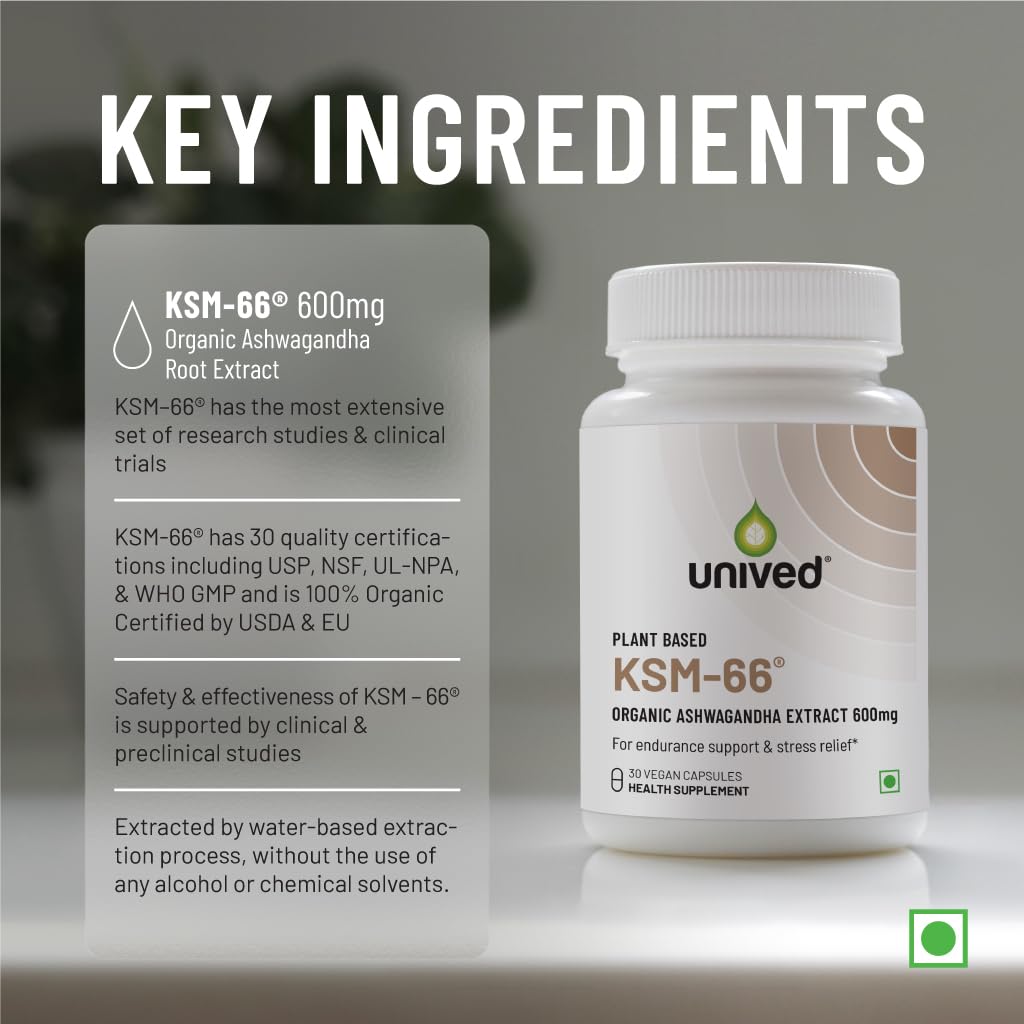 Unived Ksm-66 Ashwagandha 600mg Vegan Full Spectrum Root Extract Standardized To 5% Withanolides For Stress, Anxiety, Endurance, & Strength | 30 Vegan Capsules 50gm 0.1lbs