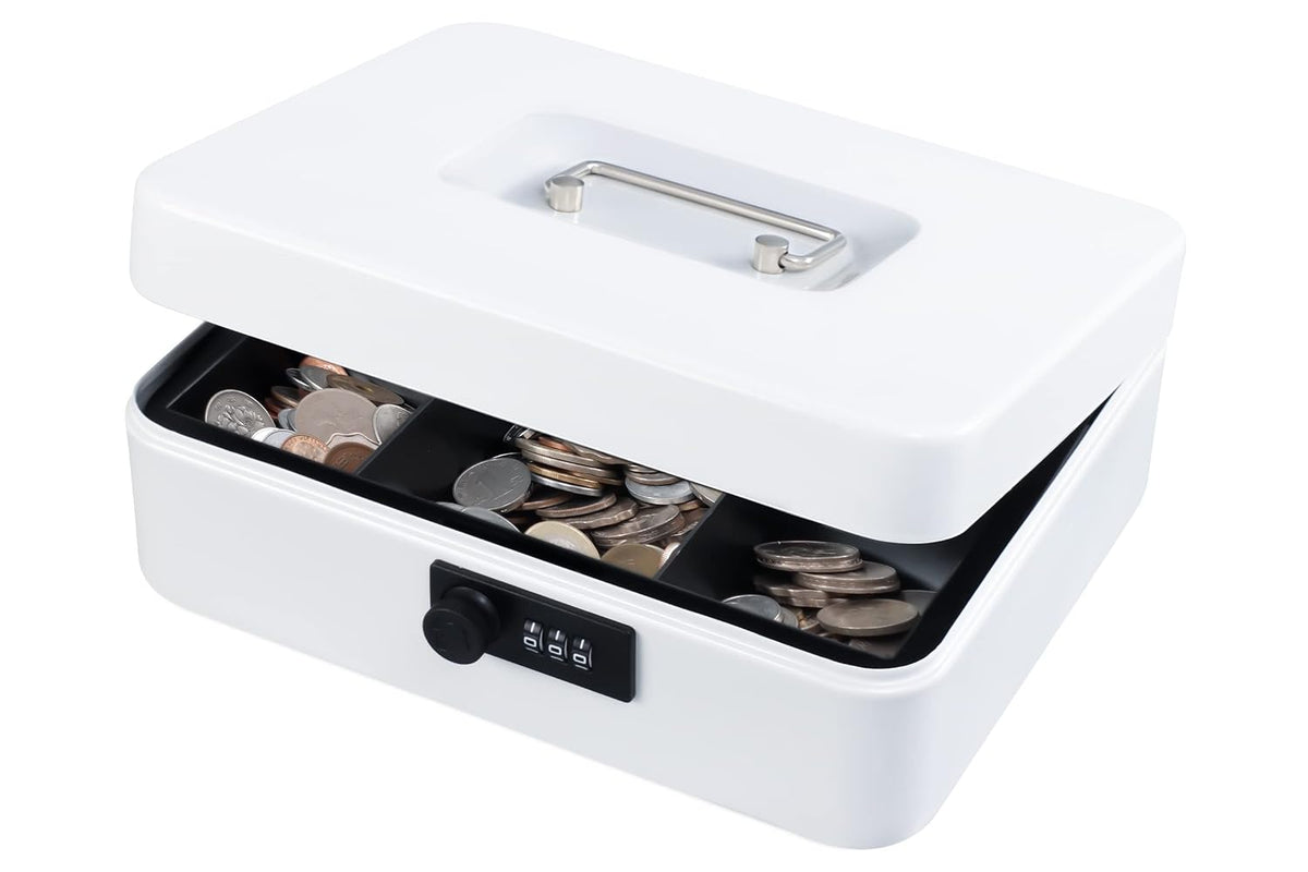 Large Cash Box With Combination Lock Safe Metal Money Box With Money Tray For Security Lock Box 9.84"X 7.87"X 3.54" Colour - White