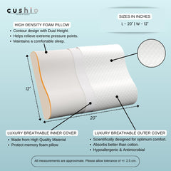 Memory Foam Pillow, Contour Memory Foam Orthopedic Pillow, White, Standard Size - 20 X12 Inch | For Neck & Shoulder Pain Relief With Dual Height | Removable Zipper Cover - Pack Of 1