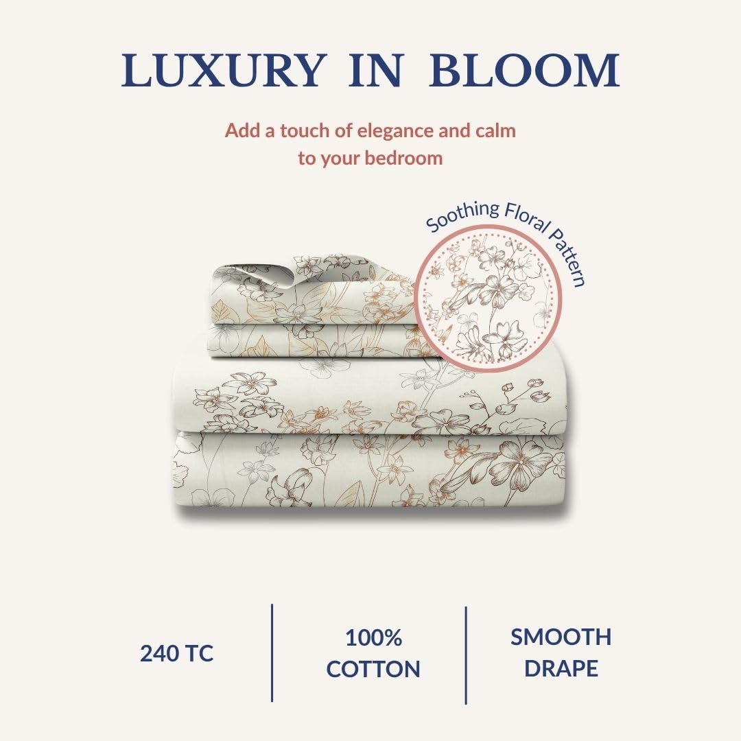 Queen Size Pure Cotton Bedsheet With 2 Pillow Covers | 90 × 108 Inches, Cream & Brown | Soft Breathable Floral Design Bedding | Comfortable Sleep All Year
