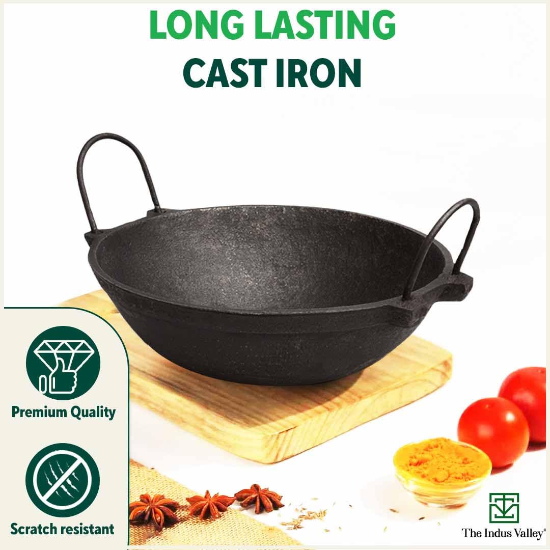 Pre-Seasoned Black Cast Iron Cookware Set - Kadai 24.7 Cm, 2 Liters + Tawa 26 Cm + Fry Pan 25 Cm, 1.6 Liters | Kitchen Cooking Combo Pots & Pans Set Of 3 Pcs - Naturally Nonstick