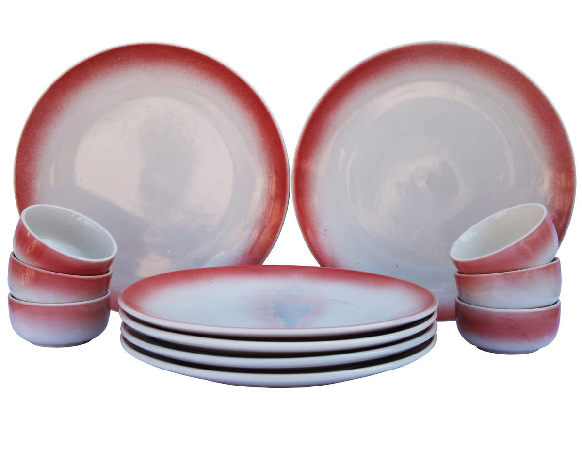 Hand Painted Ceramic Dinner Set Of 12 Pieces Dinnerware Set - Off White & Red | Set Of 6 Dinner Plates + 6 Dinner Katori, 180ml Each - Microwave & Dishwasher Safe