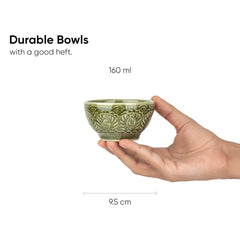 Ceramic Carving Veg Bowls Set Of 6 For Dinner - 160ml Each, Mehndi Green | Katori Set - Ceramic Bowls With Glossy Finish | Dessert Bowl Set - Ice Cream Bowls