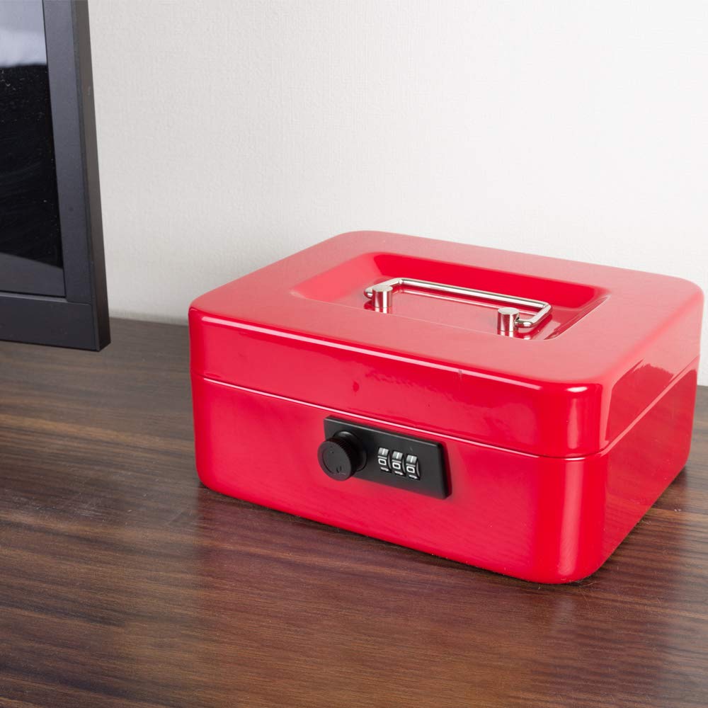 Medium Metal Cash Box With Combination Lock Safe & Money Tray For Security 7.87"X 6.30"X 3.54" Colour - Red