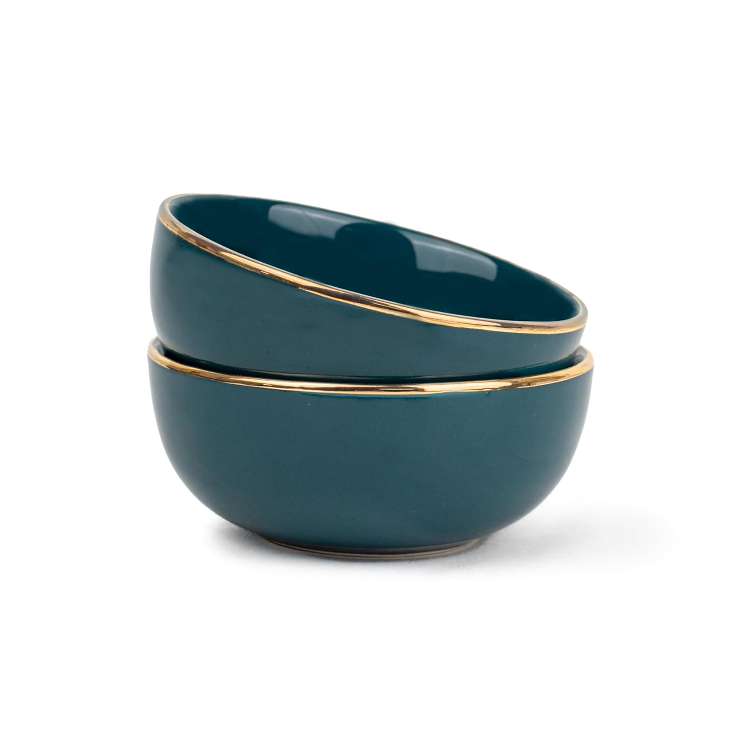 Ceramic Bowl Set Of 4 Pieces For Snacks - 330ml Each, Teal Gold | Maggie Bowl, Noodle Bowl With Glossy Finish - Premium Stoneware | Microwave Safe & Dishwasher Safe