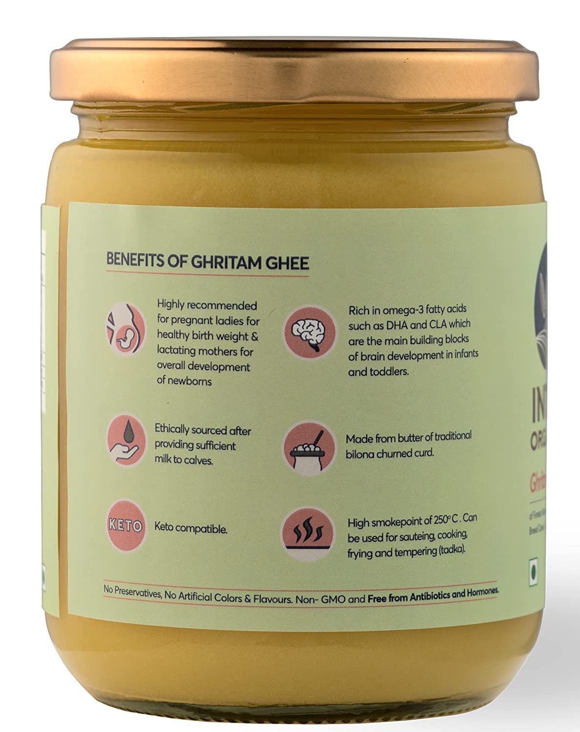 Premium Ghritam Vedic A2 Ghee By Indic Organics | Good Source Of Healthy & Nutritious Desi Cow Ghee For Protact Eyesight | (250ml) 8.4 Ounce | Jar Pack