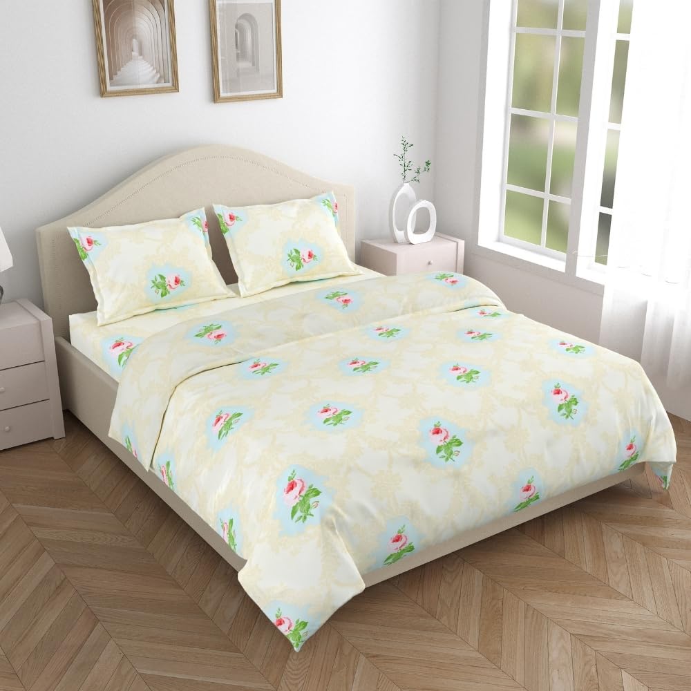 Flat Bedsheet Queen Size Bed With 2 Pillow Covers - 100 X 90 Inches, Cream & Green | Soft, Breathable & Durable | Skin-Friendly & Durable