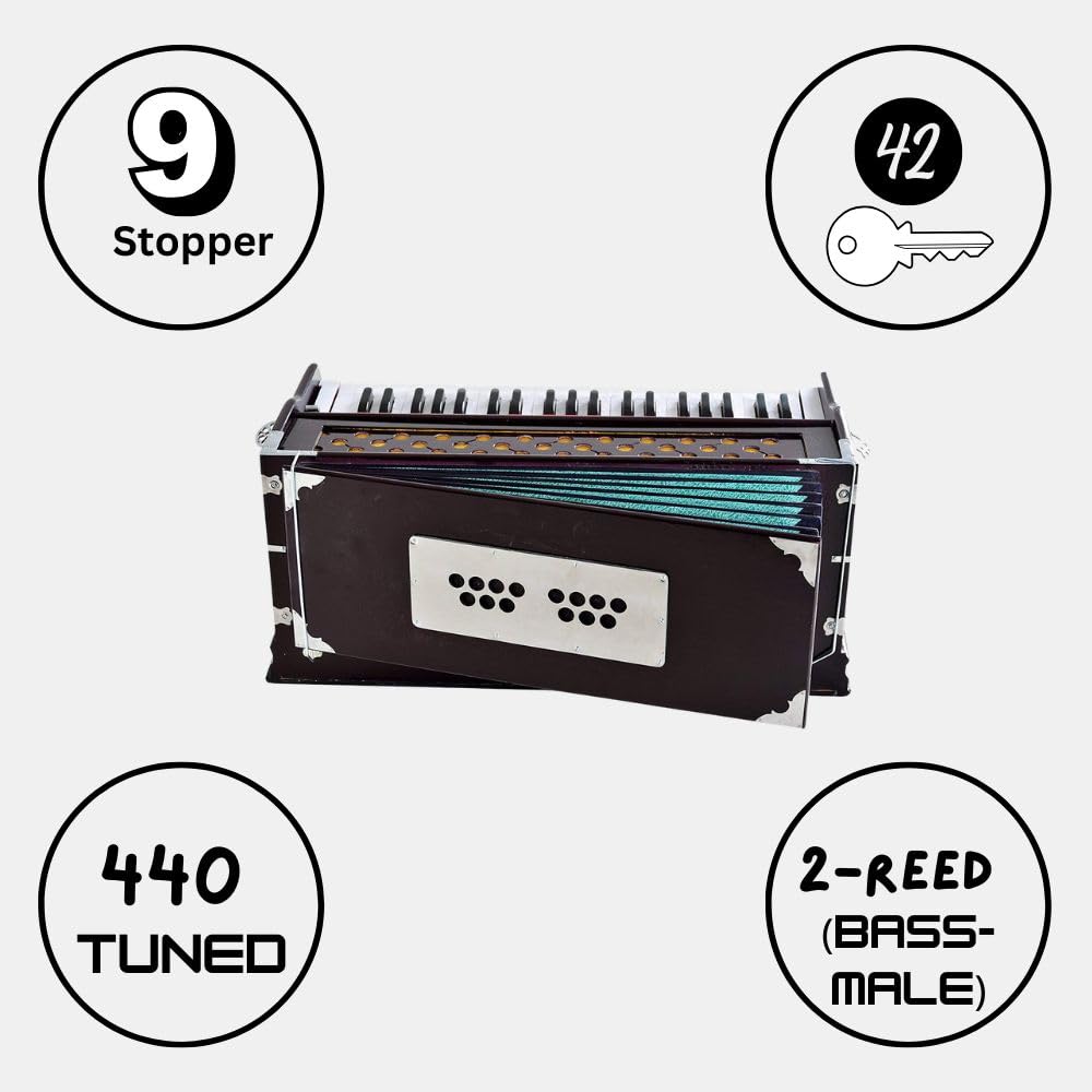 Harmonium 9 Stopper, Churidar Bellow, 42 Key, Two Reed (Bass-Male), 3 1/2 Octave, Kepler, 440 Tuned