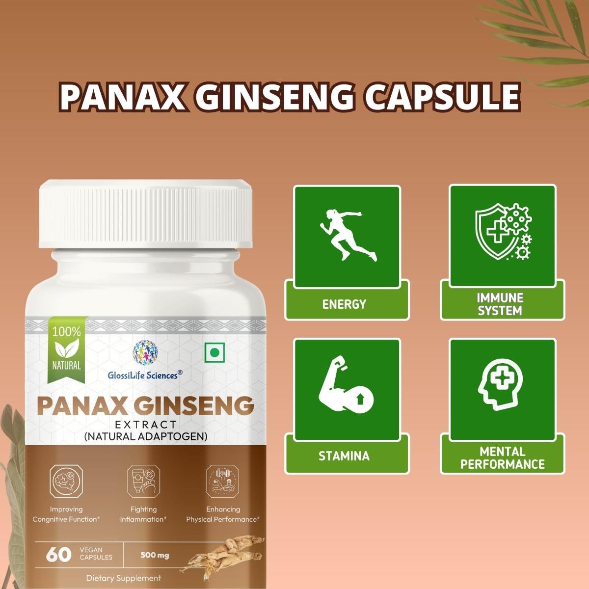 Panax Ginseng Korean Ginseng Energy Booster, Enhance Energy Levels, Boost Cognitive Function & Support Overall Vitality | 60 Capsule 100gm 0.2lbs