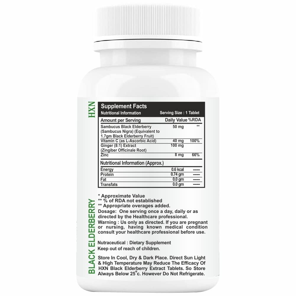 Hxn Elderberry Extract With Zinc, Vitamin C & Ginger Extract, Organic Black Sambucus Elderberry Supplement For Antioxidant, And Immunity Support Supplement | 60 Tablets 100gm 0.2lbs