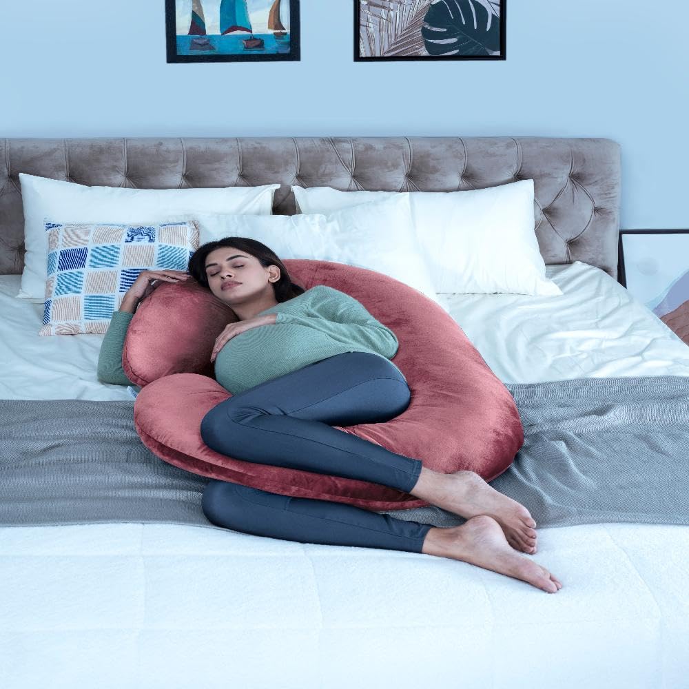 Pregnancy & Nursing Pillow Combo, C Shape Maternity Pillow For Sleeping - Dark Pink | 5 In 1 Multipurpose Use, Nursing Pillow | For Breastfeeding With Cotton Removable Cover, Adjustable Strap