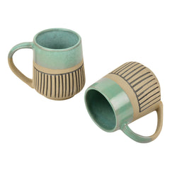 Handcrafted Dual Finish Ceramic Striped Coffee Mugs Set Of 2 - 325ml Each, Turquoise | Milk Mugs - Tea Cups & Mugs