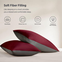 Premium Microfiber Soft Pillow For Sleeping, Maroon & Grey, King Size - 17 X 27 Inches | Comfy Hotel Comfort Pillow, Vacuum Packed | Bed Pillow, Hypoallergenic, Lightweight - Set Of 2