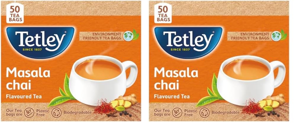 Tetley Masala Chai Flavored Tea - Pack Of 2 X 50 Tea Bags | Environment Friendly Tea Bags, Biodegradable - Caffeine Free, Plastic Free