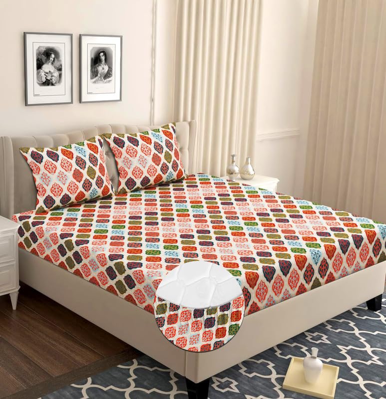 Cotton Elastic Fitted Bedsheets With 2 Pillow Covers Double Bed All Around Elastic | 72 X 78 +10 Inches, Multicolor -Breathable & Skin-Friendly Bedsheet