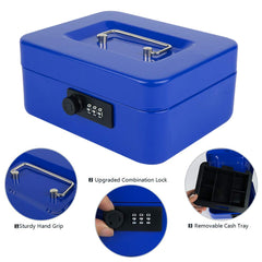 Medium Metal Cash Box With Combination Lock Safe & Money Tray For Security 7.87"X 6.30"X 3.54" Colour - Blue