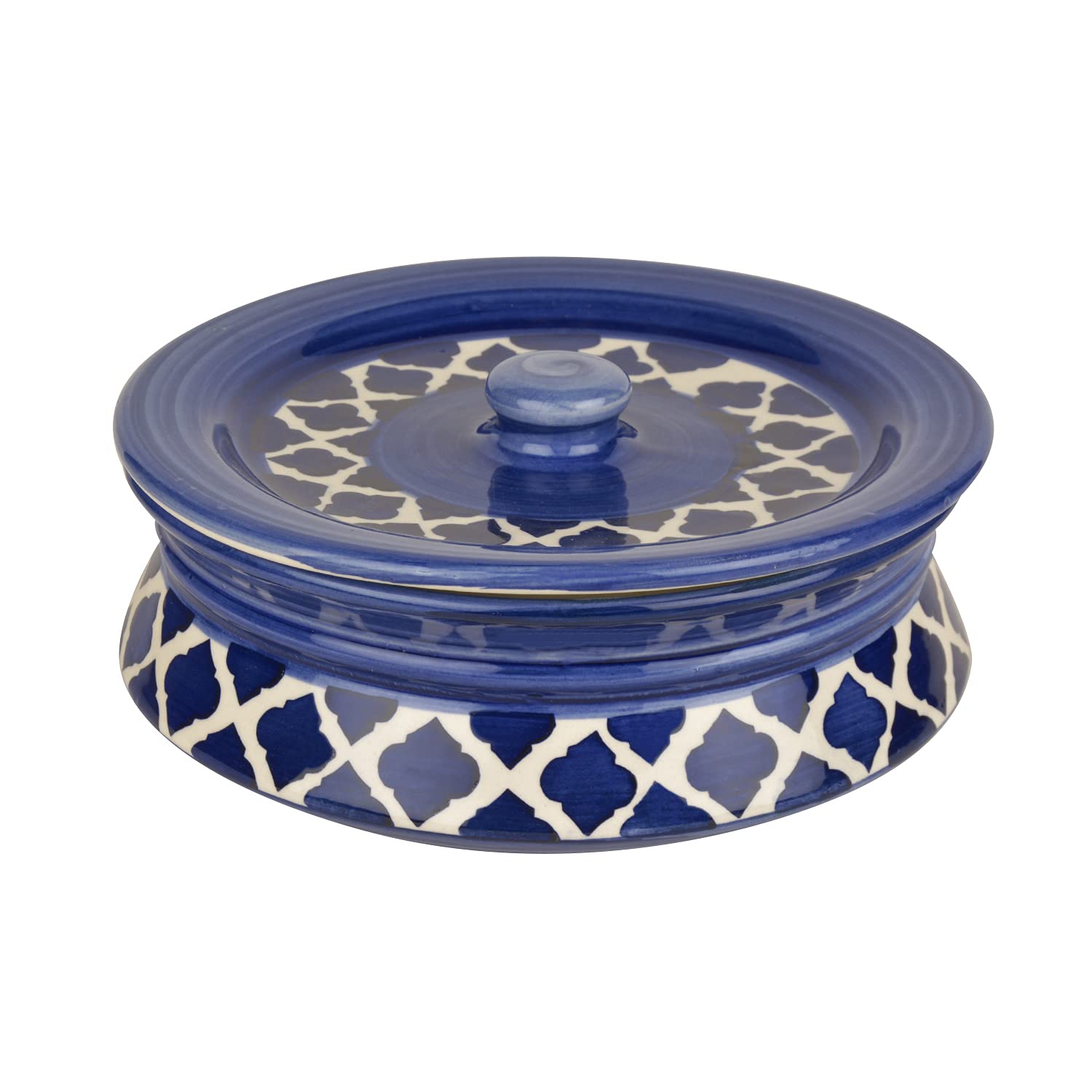 Hand Painted Ceramic Handi With Lid Set Of 3 - Blue & White | Dinner Serving Bowls - Biryani Handis, Serving Pots - 1200ml, 800ml, 600ml