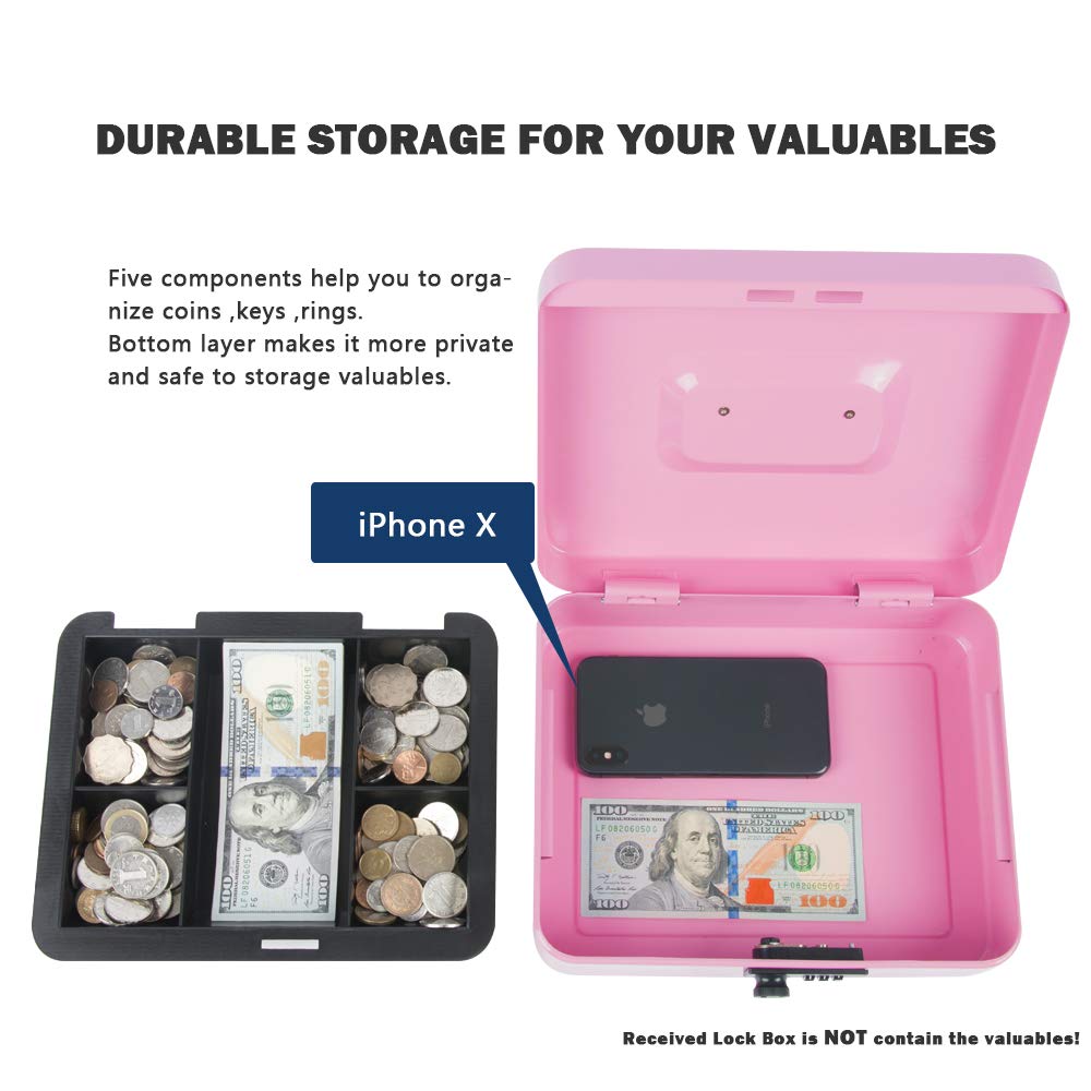 Large Cash Box With Combination Lock Safe Metal Money Box With Money Tray For Security Lock Box 9.84"X 7.87"X 3.54" Colour - Pink