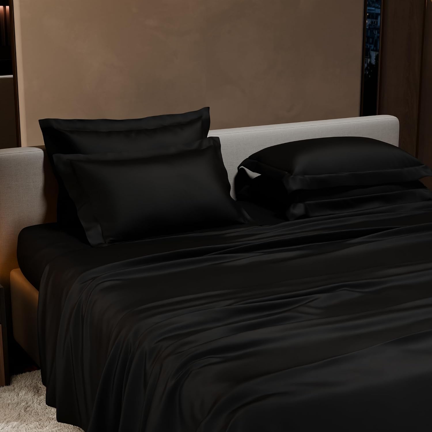 1 Flat Bedsheet King Size With 4 Pillow Cover - 108 X 108 Inches, Black | Wedding, Bedroom, Date Night Collection | 300 Thread Count