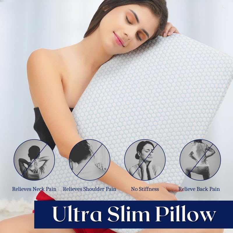 Ultra Slim Pillow, Memory Foam Pillow For Sleeping - 25.5 X 16.5 X 1 Inch | Ultra Thin Pillow For Neck Pain Relief - Thin Cervical Pillow For Neck Support, Orthopedic Pillow - Pack Of 2