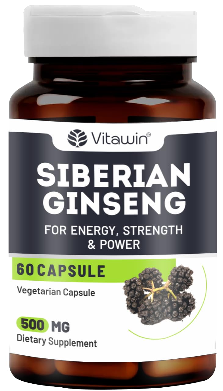 Vitawin Siberian Ginseng For Improve Immunity & Boost Energy, Stamina & Strength, Natural Herbal, 500mg, Nutrition Supplement | 60 Veg Capsules 100gm 0.2lbs