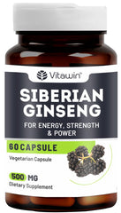 Vitawin Siberian Ginseng For Improve Immunity & Boost Energy, Stamina & Strength, Natural Herbal, 500mg, Nutrition Supplement | 60 Veg Capsules 100gm 0.2lbs