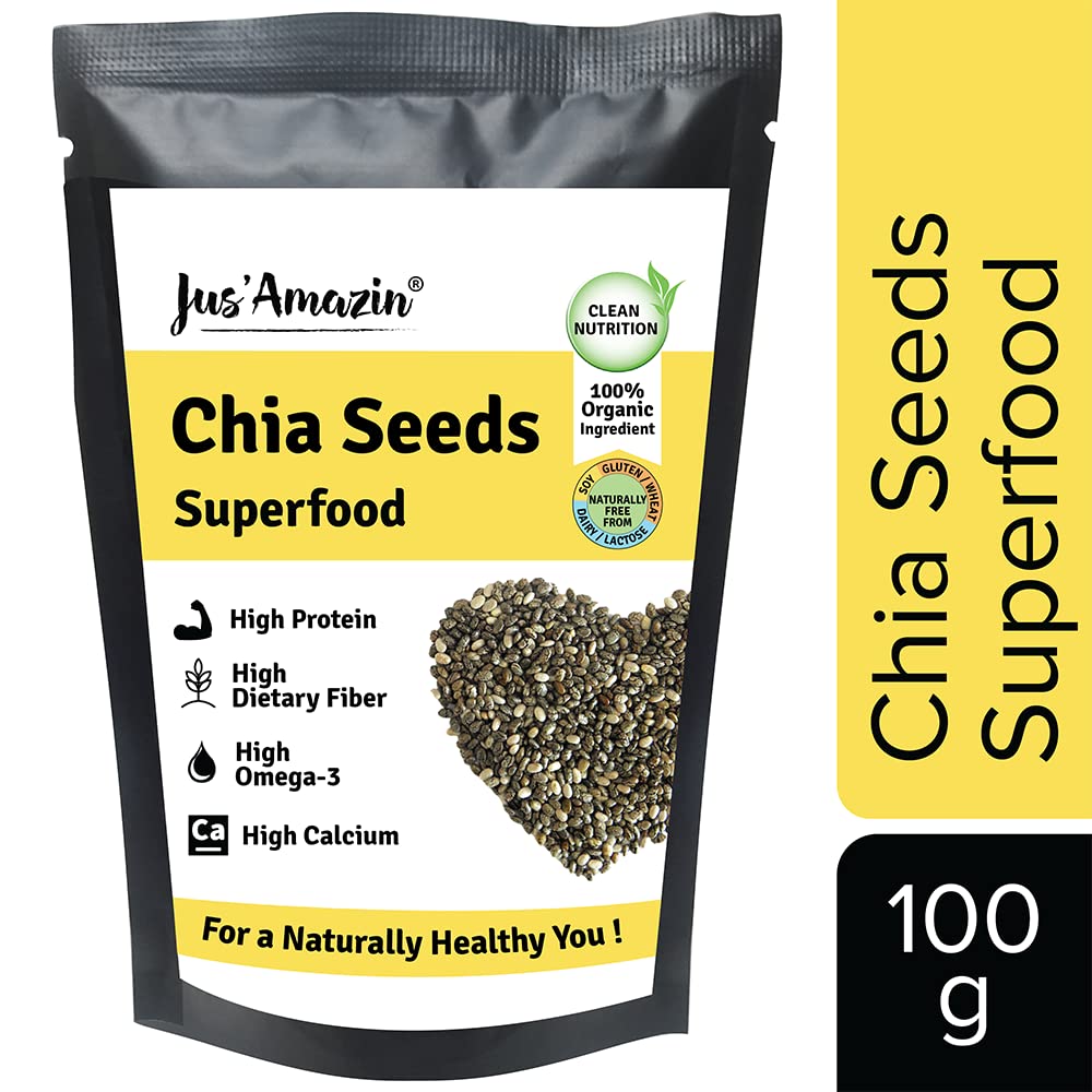 Jus' Amazin Organic Chia Seeds Raw, High Fiber, Diet Food Boosts Immunity High Protein & Calcium Chia Seeds For Weight Loss Good For Heart Health, Omega-3 | 100gm 0.2lbs