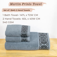 Rangoli 100% Cotton Fibre 2 Hand & 1 Bath Towel 1100 Gsm | Highly Durable & Absorbent Towel | Skin-Friendly & Quick Drying Luxury Towels (Grey) - Pack Of 3
