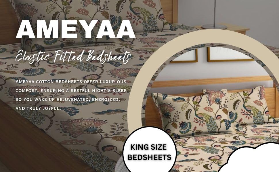 Feel Glace Cotton Bedsheets All Around Elastic Fitted Floral Bedsheets Queen Size - 60 X 78 Inches, Beige | Super Soft Fitted Bedsheet For Double Bed