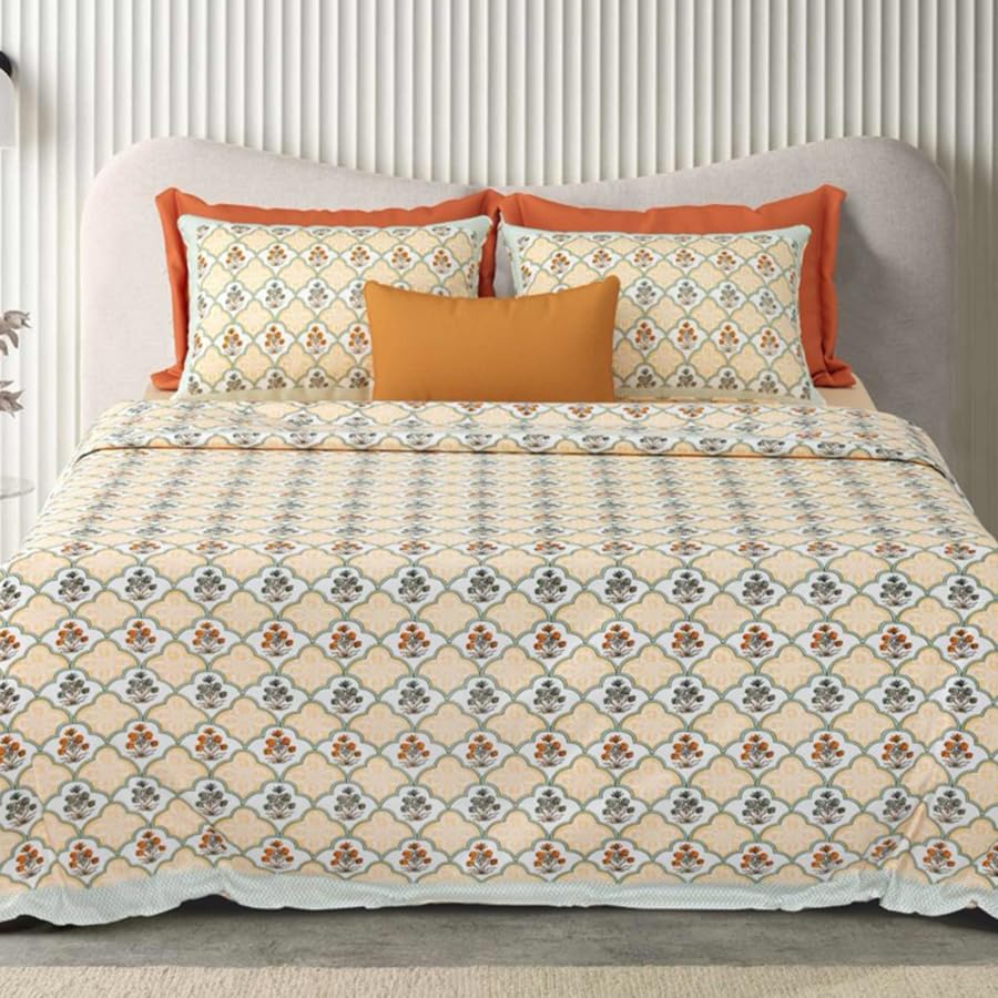 Double Bedsheet For King Size With 2 Matching Pillow Covers (90 X 108 Inches) Green & Yellow | Pure Cotton Jaipuri Bedsheet | Cotton Bedsheet Is Suitable For All Seasons