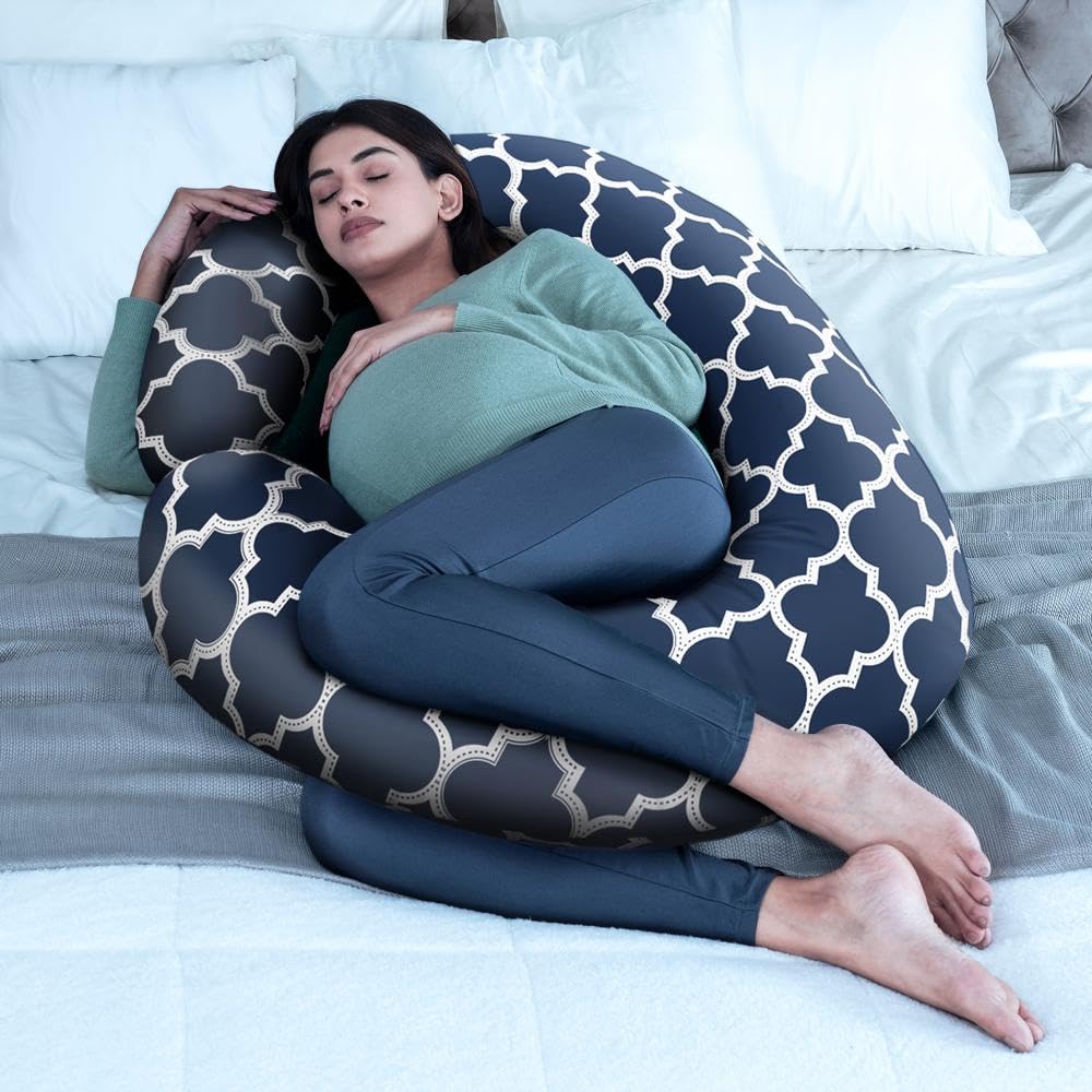 Pregnancy Pillow, C Shaped Pillow, Maternity Pillow For Sleeping - Black | Kiko Printed, 100% Cotton Pillow For Pregnant Mothers | With Breathable & No Heat Fabric - Full Body Support