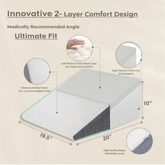 Wedge Cushion, Orthopedic Wedge Pillow For Bed, Neck Pain, White & Grey - 20 X 19.5 X 10 Inch | For Acid Reflux, Snoring, Gerd, Leg Elevation & Pregnancy | High-Resilience Memory Foam Pillow