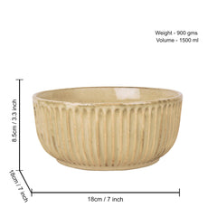 Studio Pottery Ribbed Ceramic Serving Bowl - Ivory, Diameter : 7 Inches, 1500ml | Rice & Salad Bowl, Snack Bowl - Vegetable & Pasta Serving Bowl