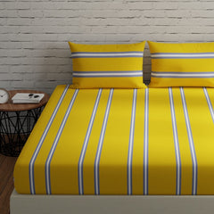 Bedsheets For King Size Bed With 2 Pillow Covers - 108 X 108 Inches, Striped Yellow & Grey | Perfect For Home Decor & Gifts | 144 Thread Count