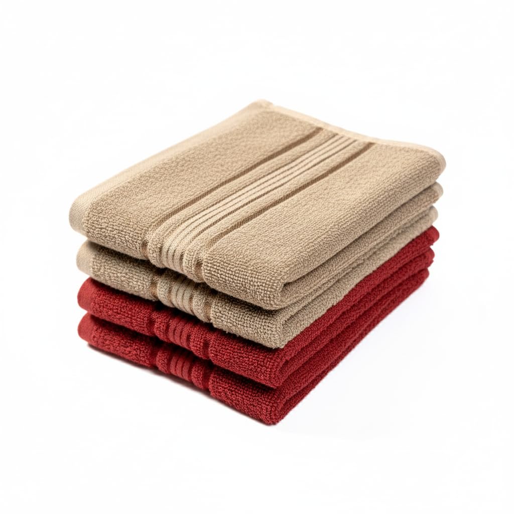 Akiko Home 100% Cotton Essential Series Hand Towels 800 Gsm | Soft, Absorbent & Durable, Cotton Hand Towel For Bathroom Use, Gentle On Skin- Pack Of 4 (Beige & Maroon)