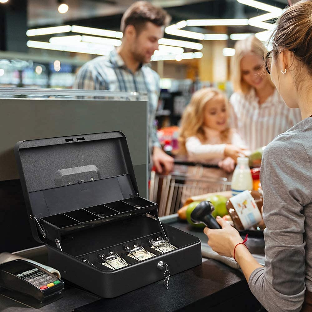 Cash Box With Key Lock, Metal Cash Box With Money Tray, Cash Register,5 Compartments Cantilever Tray & 4 Spring - Clips For Bills,11.81"X 9.45"X 3.54" Colour - Black