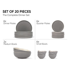Ceramic Dinner Set Of 20 Pcs, Grey | Crockery Set For Dining Table - Glossy Finish Premium Stoneware | 6 Dinner Plates + 6 Quarter Plates+ 6 Veg Bowls, 180ml Each+ 2 Medium Bowls, 800ml Each