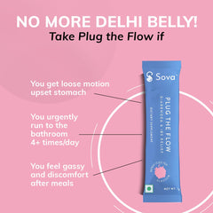 Sova Plug The Flow For Men & Women Ibs Relief, Prevent Loose Stools, Diarrhea, Upset Stomach, Pre & Probiotics Digestive Enzymes 5 Billion Cfus | 15 Vegan Sachets 150gm 0.3lbs, Each Pack Of 2