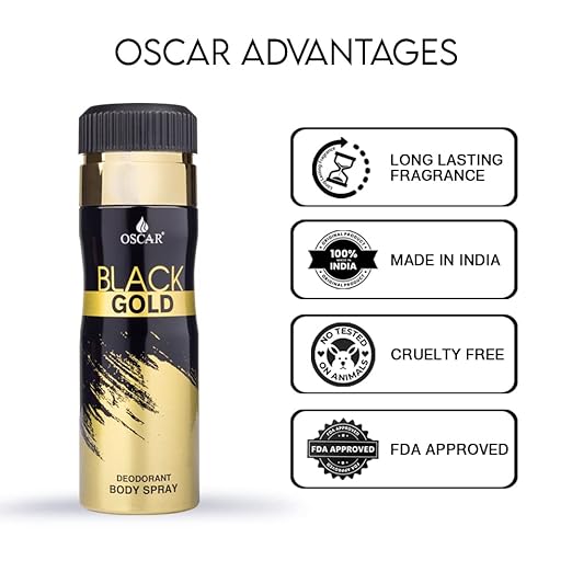 Oscar Gold Black Long Lasting, Premium And Skin Friendly Deodorant Spray Perfume For Unisex, 200Ml 0.6 Fl.oz.