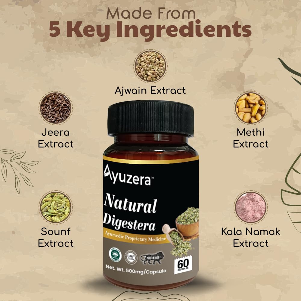 Ayuzera Natural Digestera, Food Supplements, Ajwain Extract, Jeera Extract, Sounf Extract, Methi Extract, Kala Namak Extract | 60 Capsules, 100gm 0.2lbs