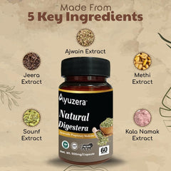 Ayuzera Natural Digestera, Food Supplements, Ajwain Extract, Jeera Extract, Sounf Extract, Methi Extract, Kala Namak Extract | 60 Capsules, 100gm 0.2lbs