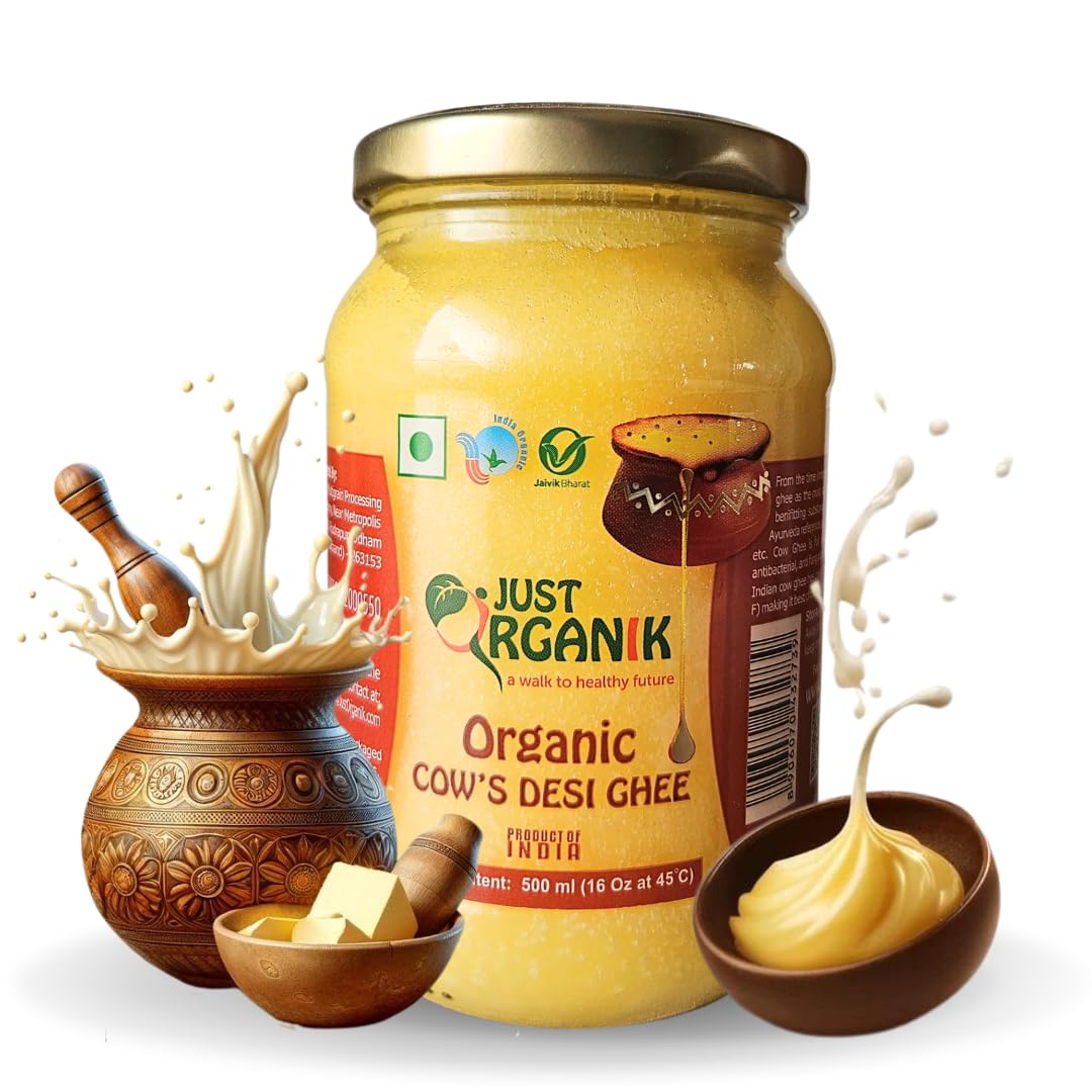 Organic Cow'S Desi Ghee By Just Organik | Rich In Nutrients Flavor Cow Ghee For Cooking & Ayurvedic Health | (500ml) 16.9 Ounce | Jar Pack