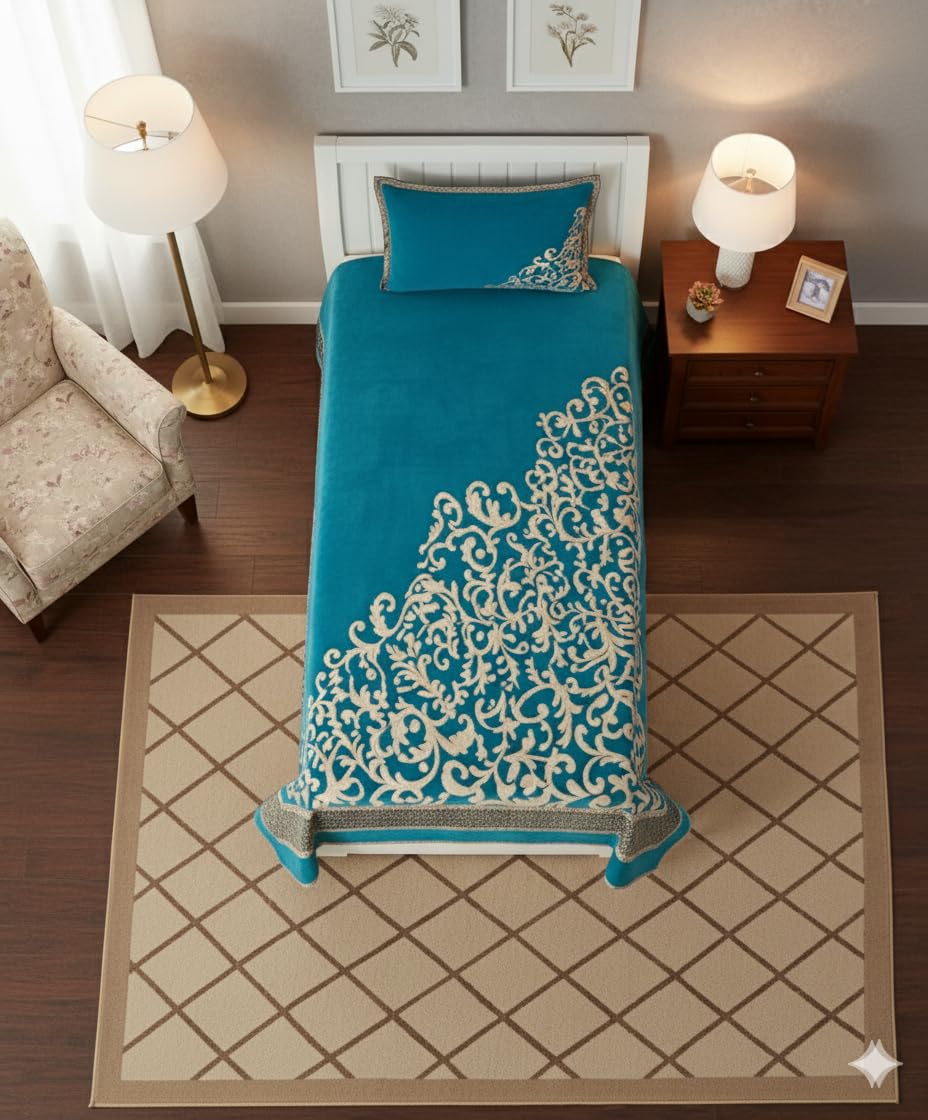 Floral Velvet Bedsheet For Single Bed With 1 Pillow Cover-60 X 90 Inches, Aqua & Beige | Bedsheet Provides A Soft & Comfortable Feel To Your Skin