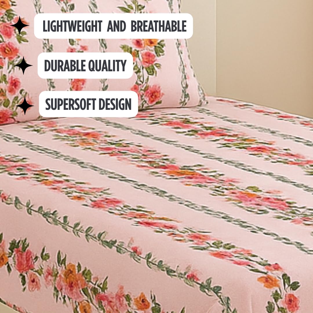 100% Cotton Bedsheet For Single Bed With One King Size Pillow Covers Soft - 60 X 90 Inches, Pink | Good For All-Season Everyday Use