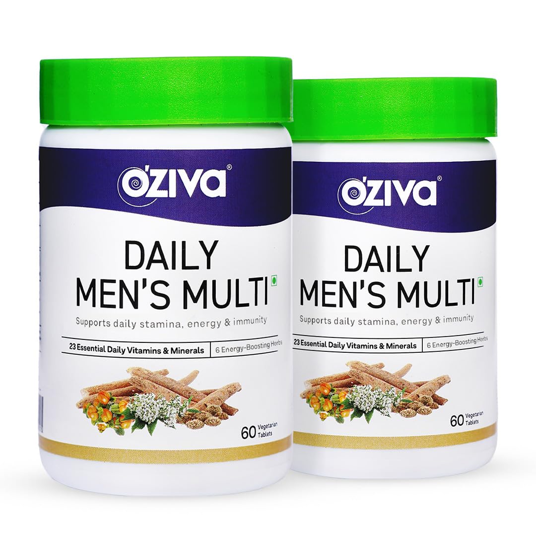 Oziva Natural Multivitamin For Men With Ashwagandha, Akarkara & Choline For Daily Stamina Strength & Energy | 60 Vegetarian Tablets , 100gm 0.2lbs Each Pack Of 2