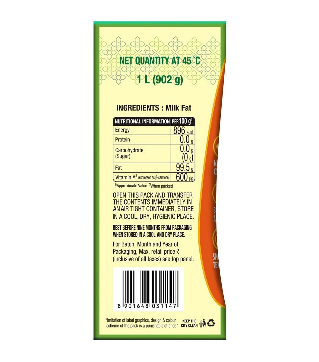 Natural Desi Cow Ghee By Mother Dairy | Good Source Of Energy Healthy & Nutrients Desi Cow Ghee Perfect For Glowing Skin | (1 Litr) 33.8 Ounce | Box Pack