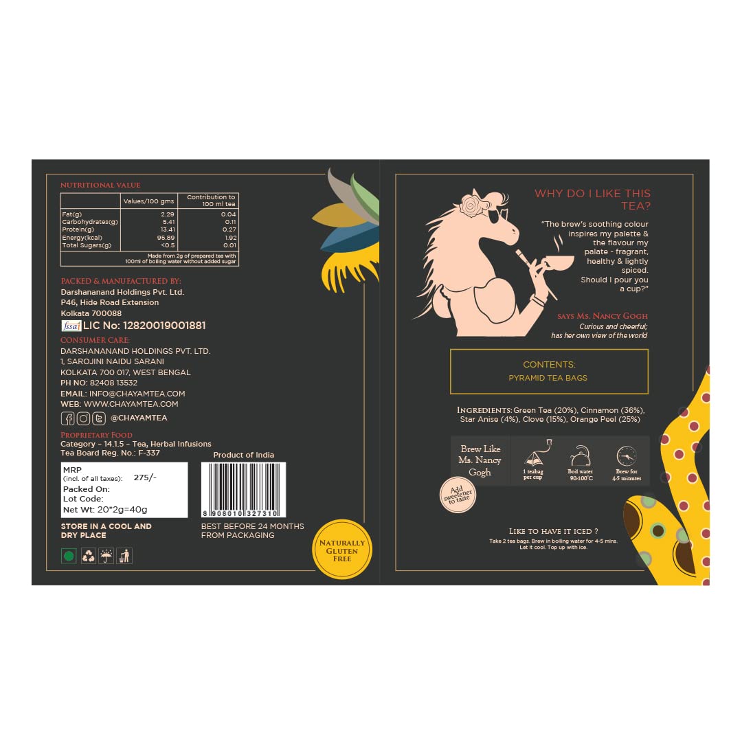 Chayam Magical Cinnamon Green Tea - 20 Pyramid Tea Bags | 100% Natural Real & Whole Ingredients - Blended With Orange Peel, Clove, Star Anise | Low Caffeine, Gluten Free, No Added Sugar