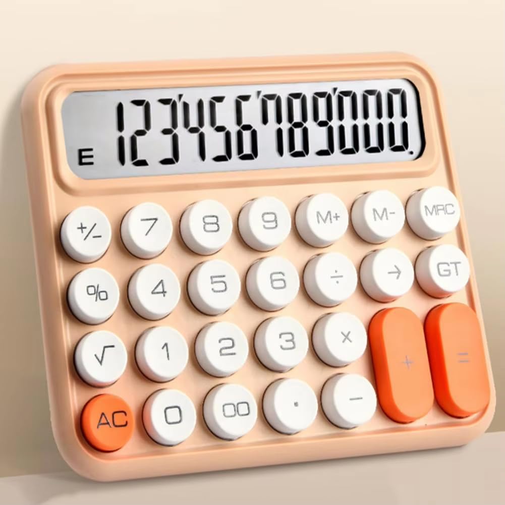 Skofri Mechanical Calculator 12 Digit Extra Large 5-inch LCD Display, Battery Desk Calculator, Big Buttons Easy To Press Use As Office Calculators Desktop, 15°tilt Screen For Kids Calculator (Peach)